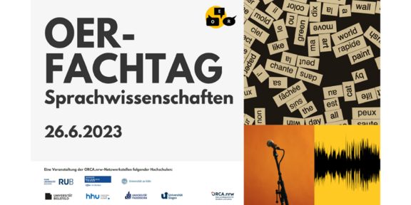 Text: "OER-Fachtag Sprachwissenschaften - 26.6.2023" - Logos der beteiligten Hochschulen